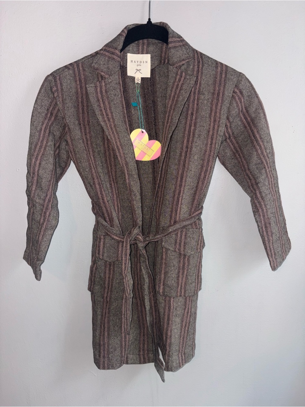 Hayden Striped Wool-Blend Belted Jacket in Gray and Pink